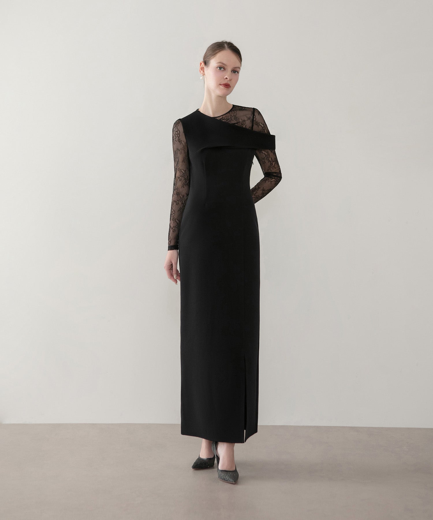 【当日発送】アシンメトリーレースレイヤードフロントスリットセットアップドレス