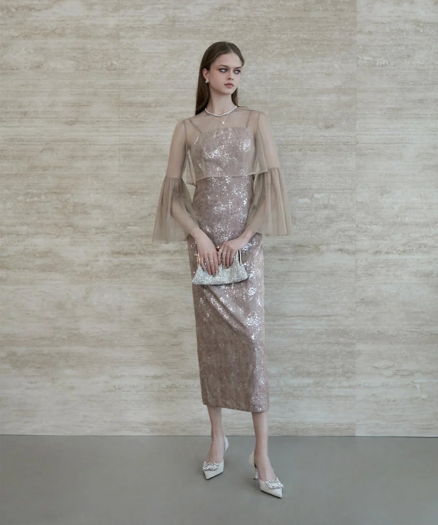 【一部当日発送】シアーチュールベルスリーブペイントIラインワンピースドレス