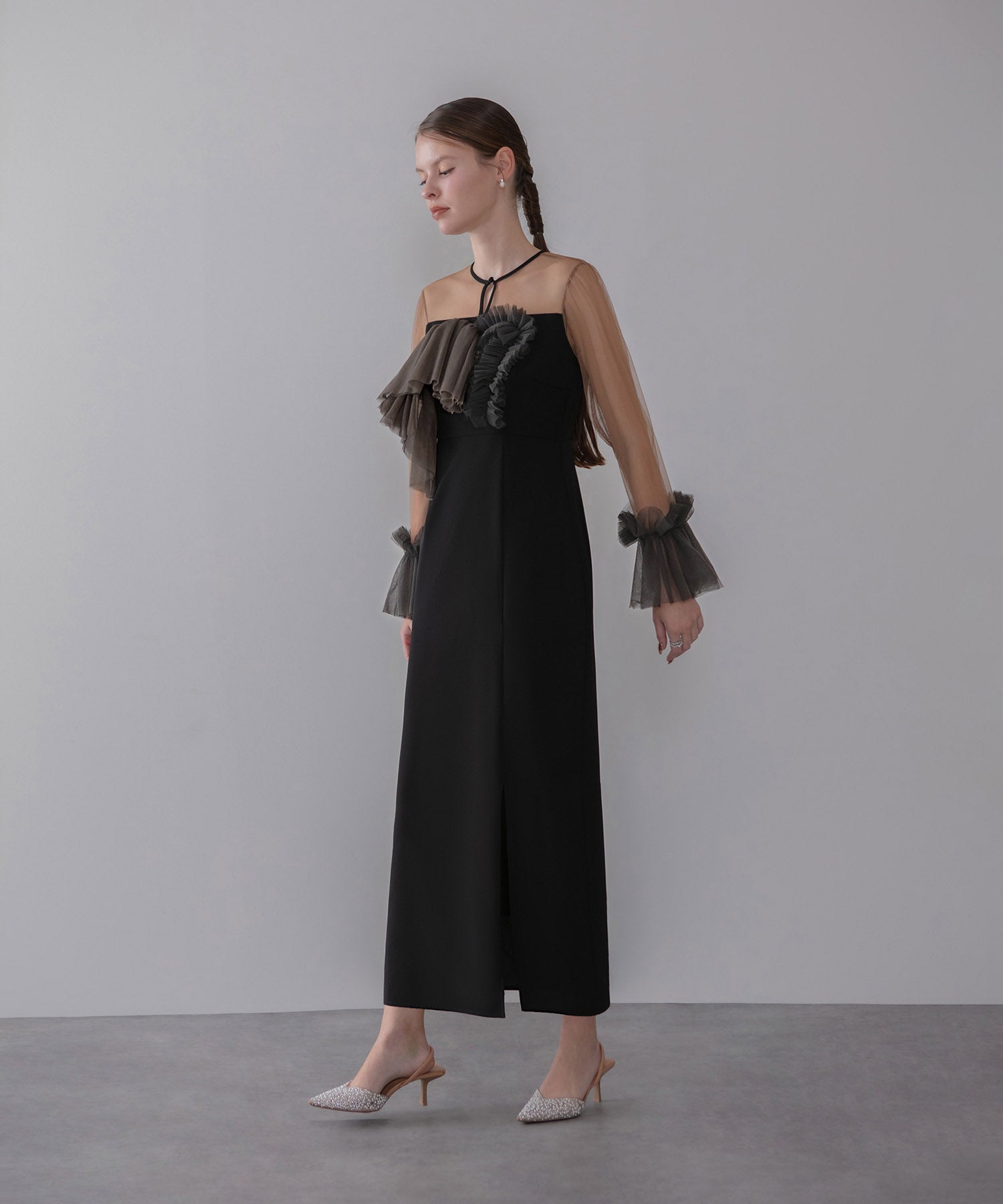 【当日発送】チュールフリルスリーブIラインワンピースドレス