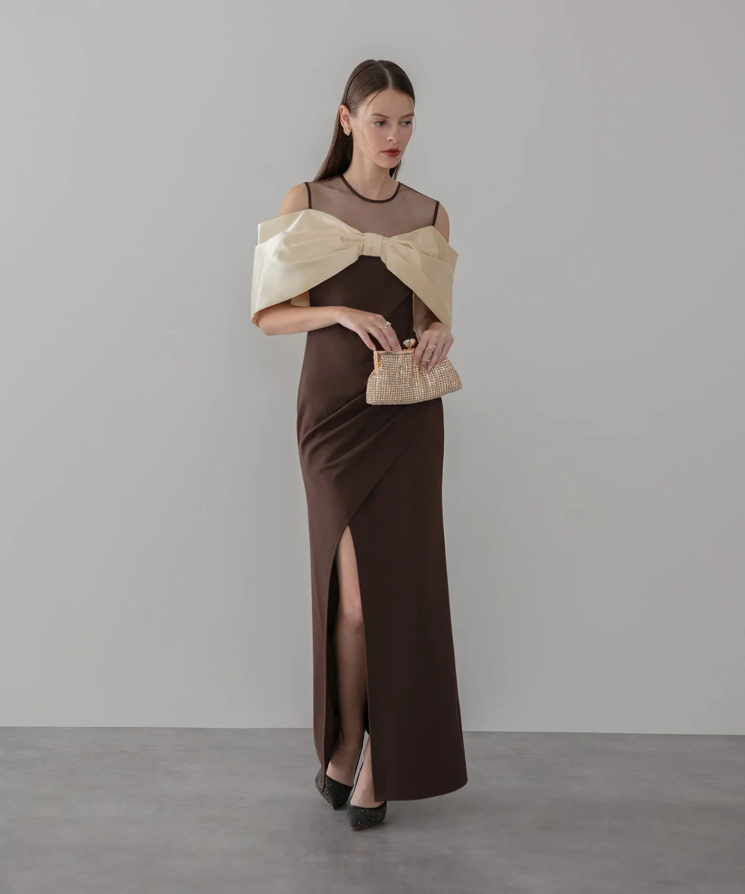 【LEJA LUXE】ビッグリボンシアーショルダードレープロングドレス