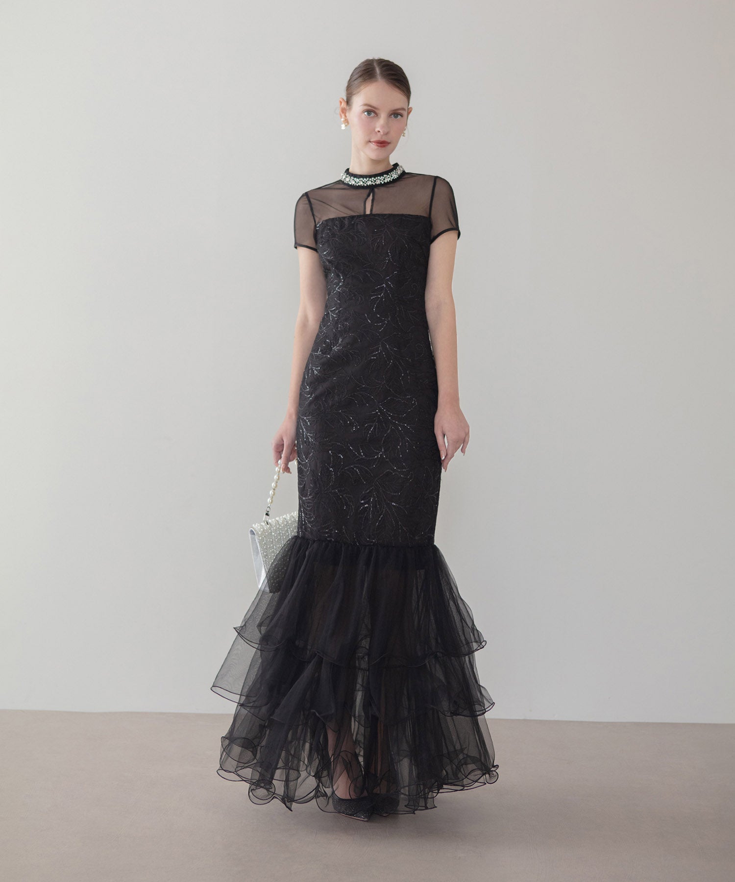 【LEJA LUXE】ネックビジュースパンコールシアーティアードマーメイドドレス