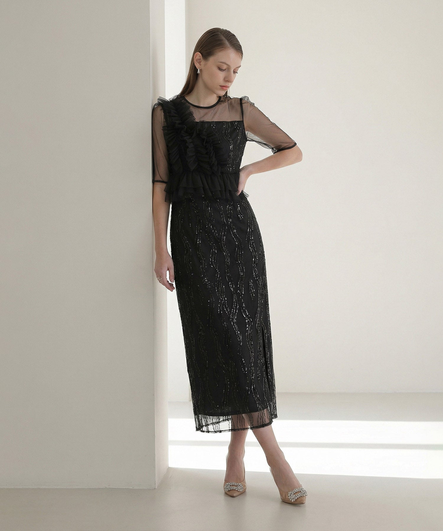 【当日発送】アシンメトリーフリルチュールIラインワンピースドレス