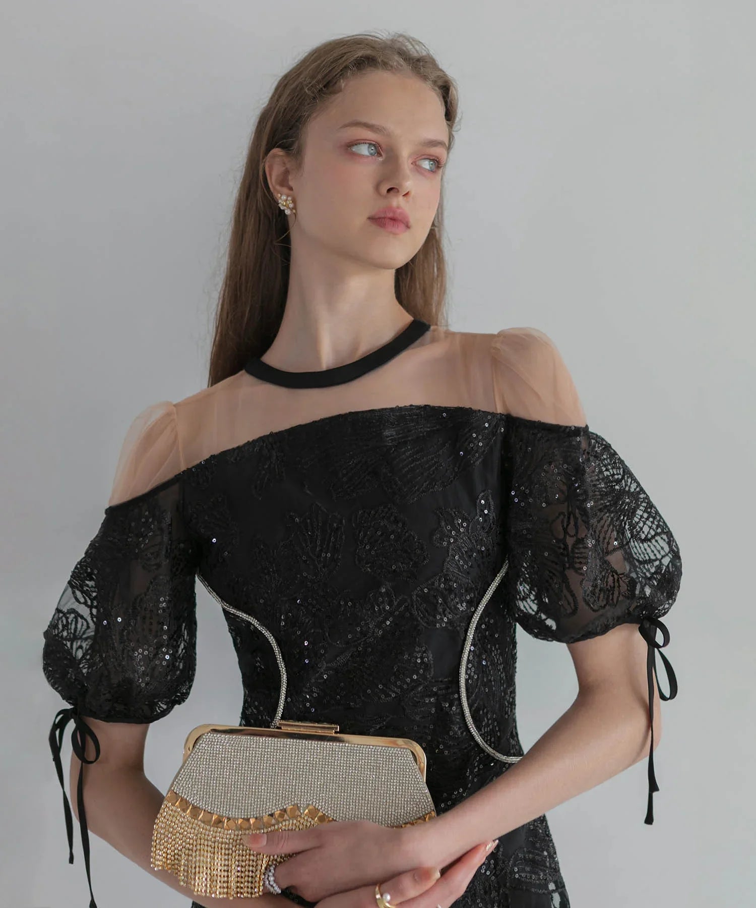 【SOLD OUT】スパンコールウエストデザインIラインワンピースドレス