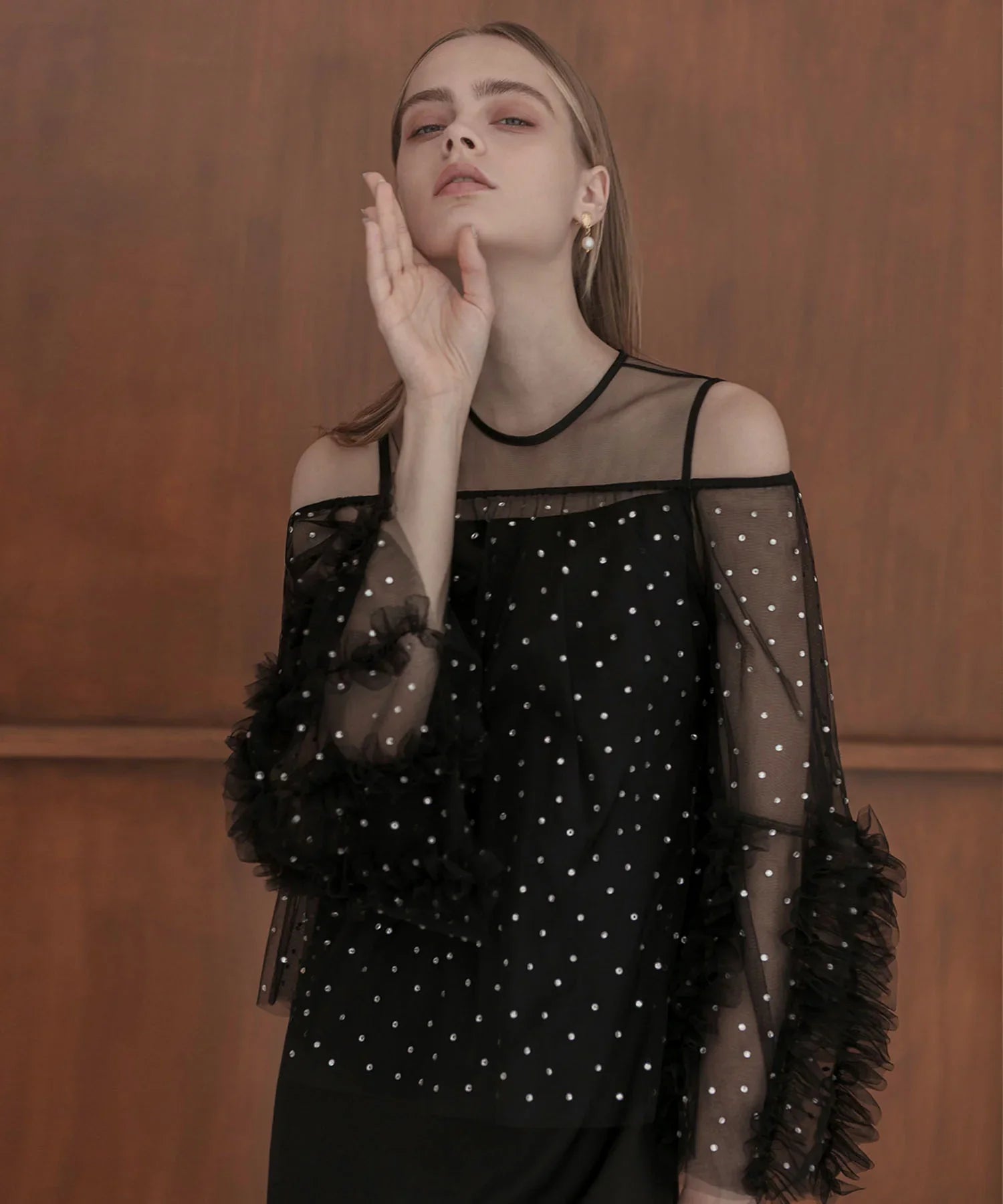 【当日発送】ドットストーンオフショルIラインワンピースドレス