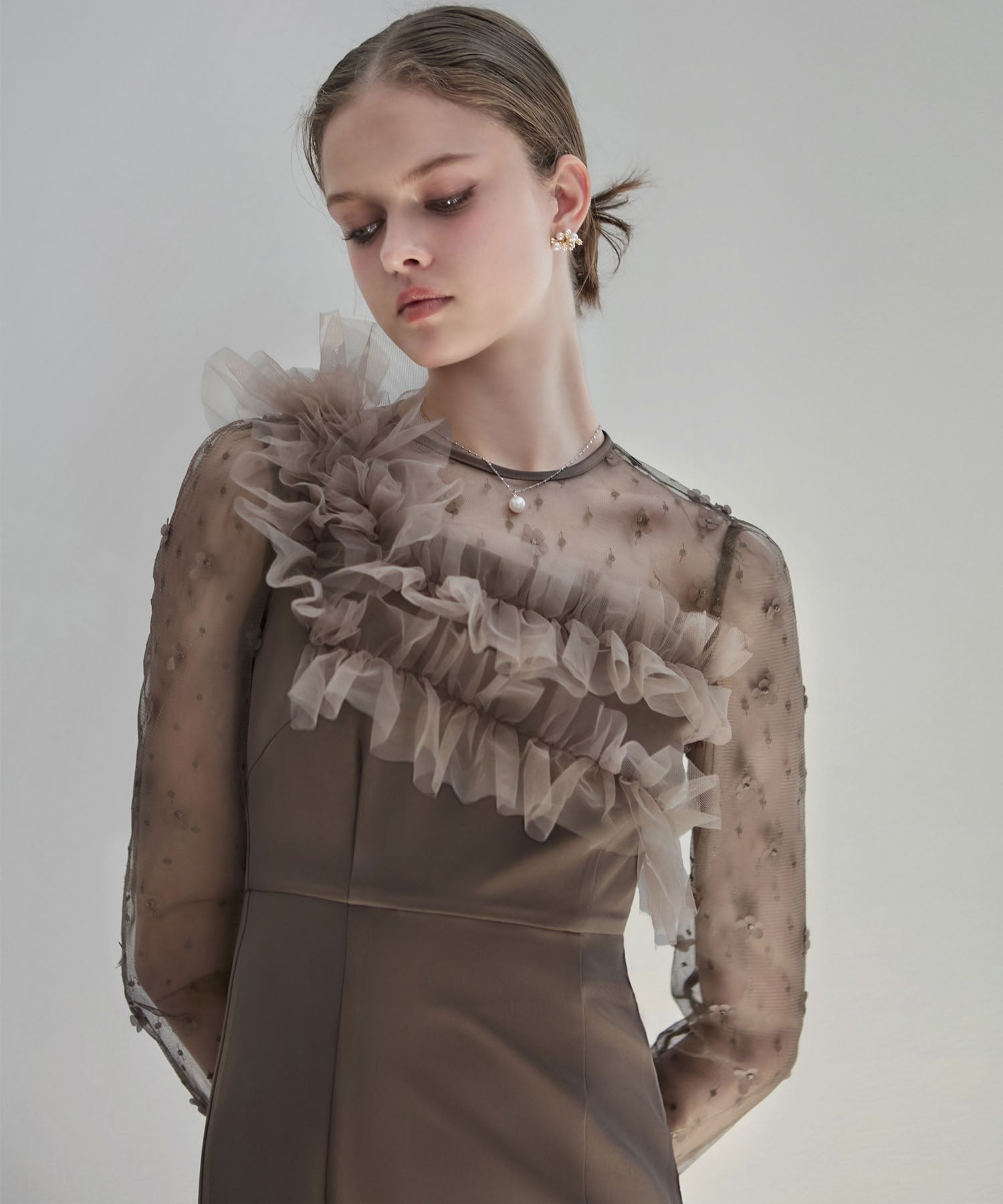 【当日発送】フラワーモチーフアシンメトリーチュールマーメイドワンピースドレス