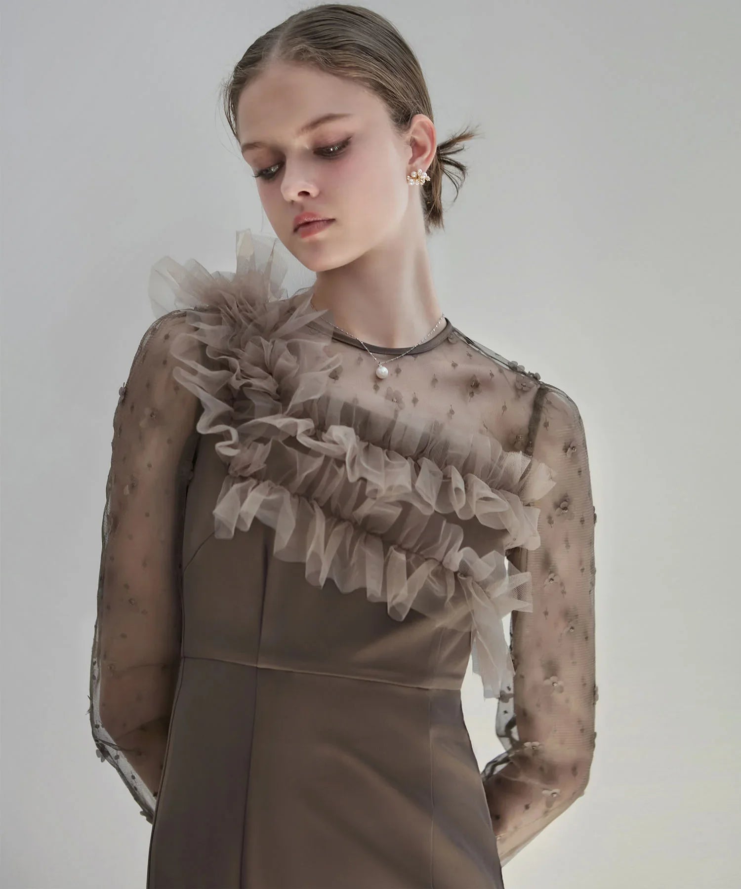 【当日発送】フラワーモチーフアシンメトリーチュールマーメイドワンピースドレス