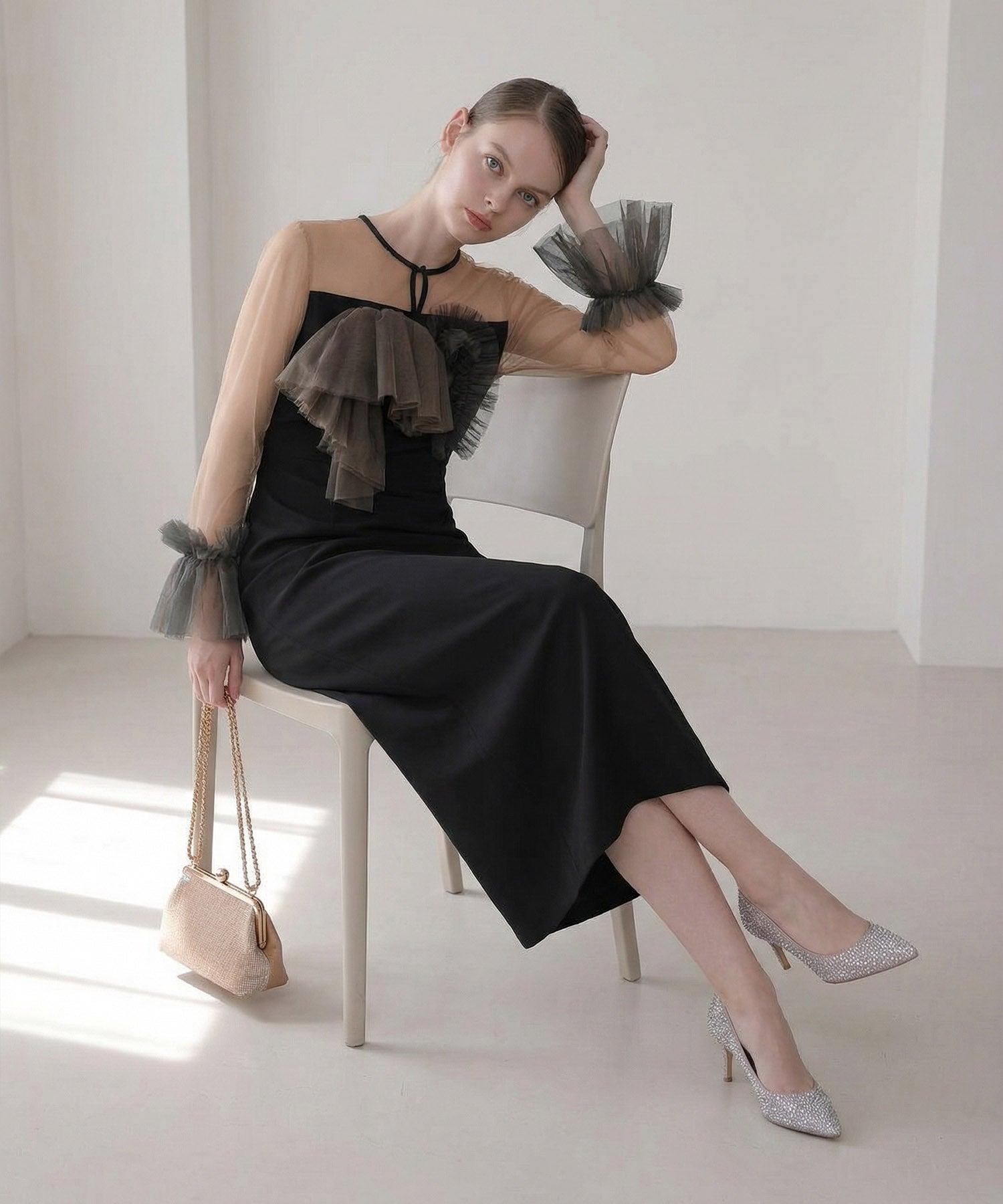 【当日発送】チュールフリルスリーブIラインワンピースドレス