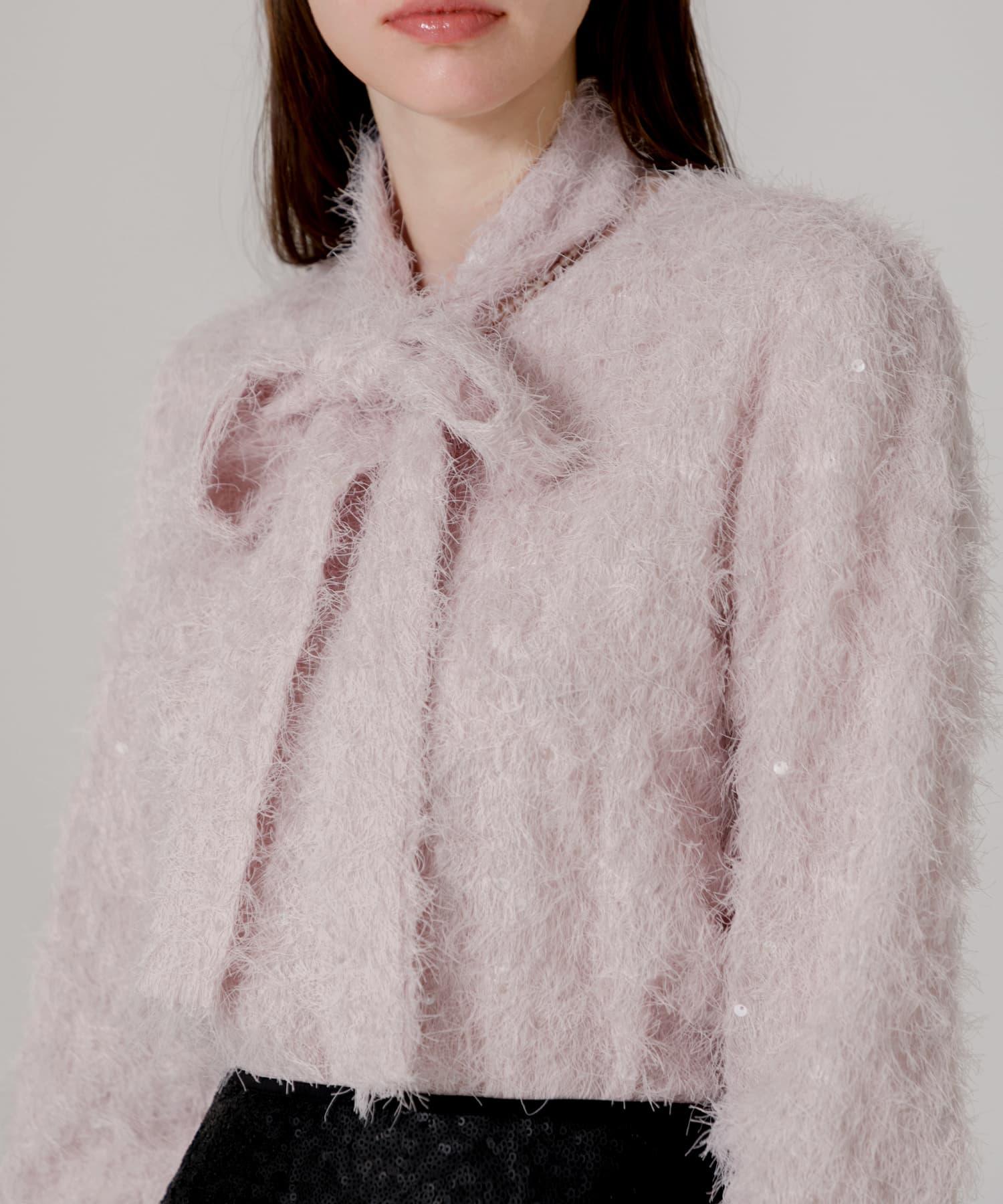 【当日発送】リボン2WAYフェザーファブリックスパンコールブラウス