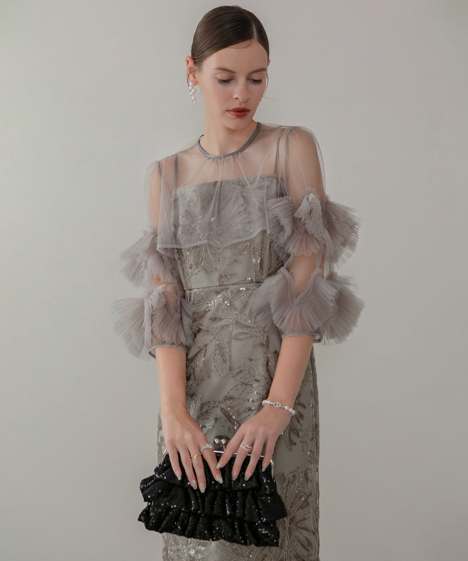 【一部当日発送】フラワースパンコールチュールフリルスリーブIラインワンピースドレス