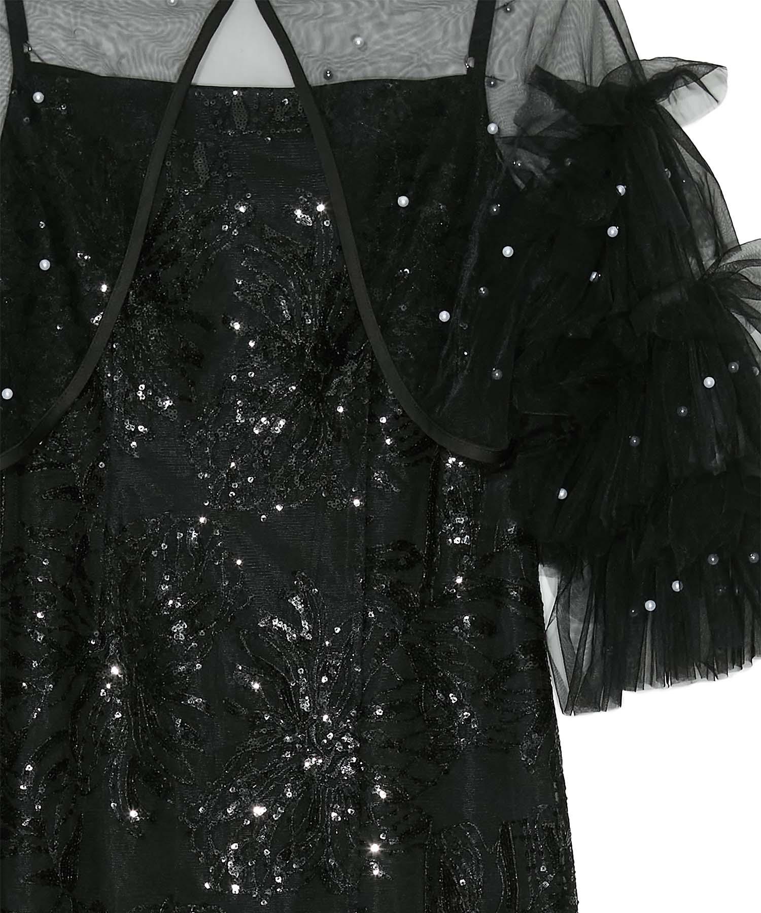 【当日発送】パールフリルチュールボレロレイヤードIラインワンピースドレス