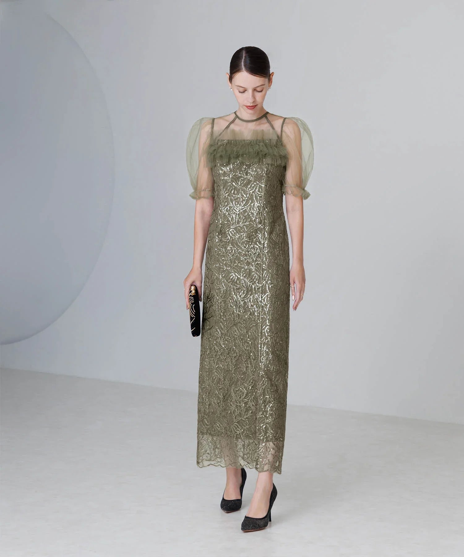 【当日発送】チュールフラワースパンコールIラインワンピースドレス