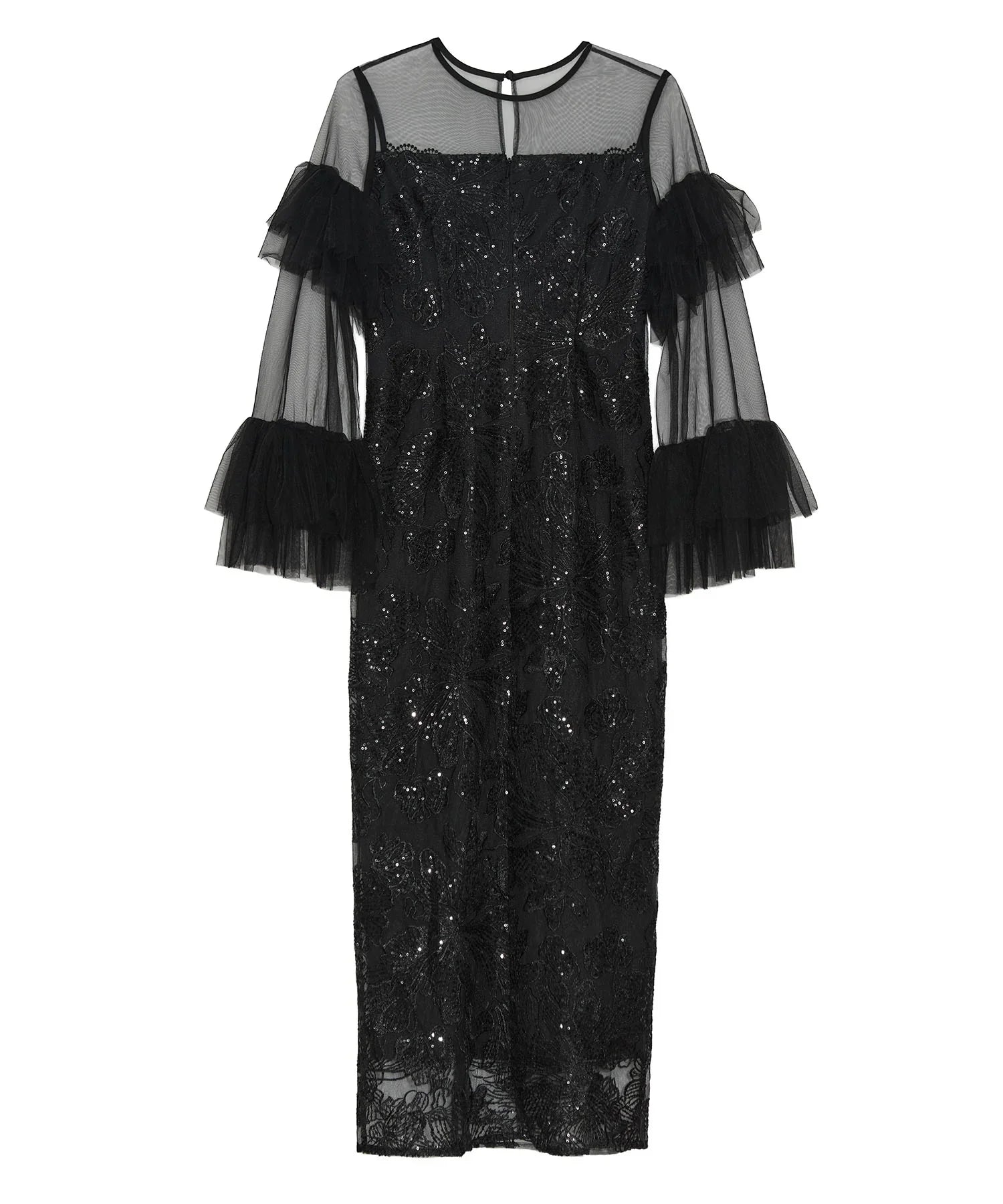 【当日発送】フリルチュールスリーブレースIラインワンピースドレス