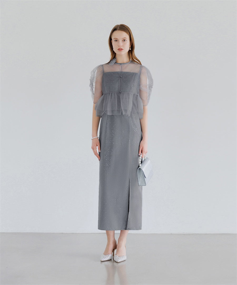 【当日発送】チュールフラワーモチーフドットストーンIラインワンピースドレス