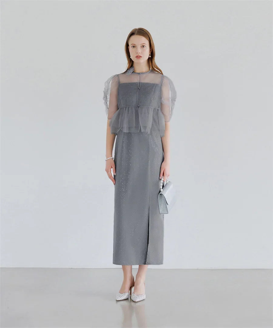 【当日発送】チュールフラワーモチーフドットストーンIラインワンピースドレス