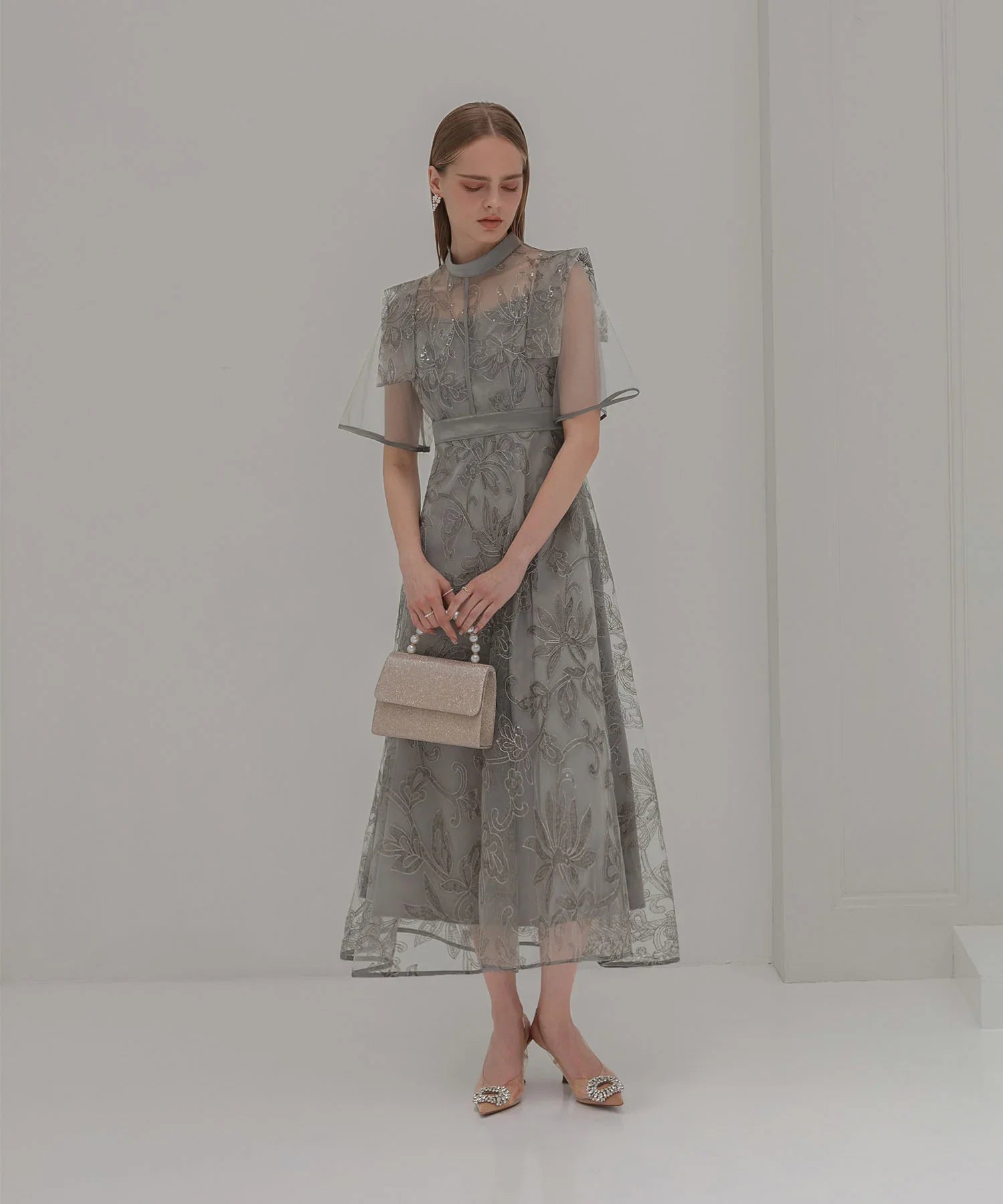 【一部当日発送】フラップデザインフラワースパンコールAラインワンピースドレス