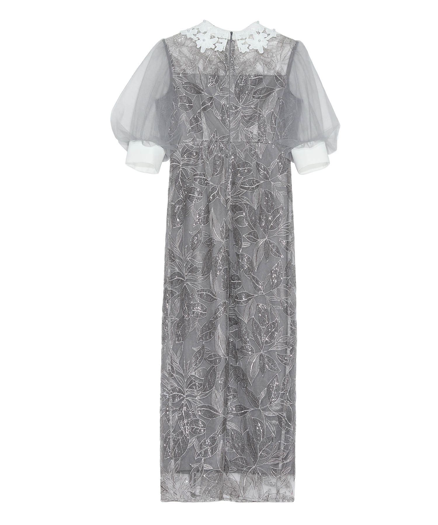 【当日発送】レースカラーリーフスパンコールパフスリーブIラインワンピースドレス