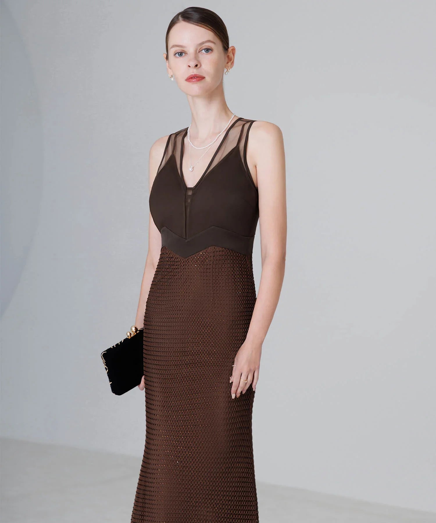 【LEJA LUXE】VネックメッシュストーンIラインドレス