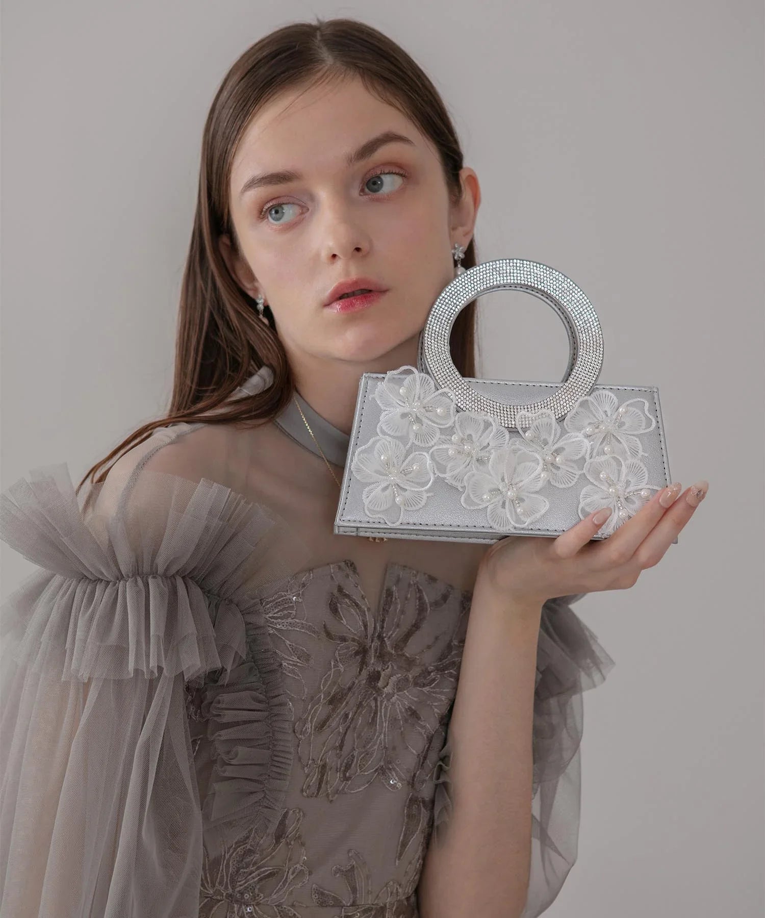 【一部当日発送】フラワービジューラウンドハンドル2wayバッグ