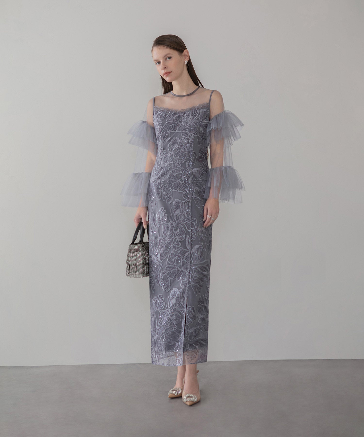 【当日発送】フリルチュールスリーブレースIラインワンピースドレス