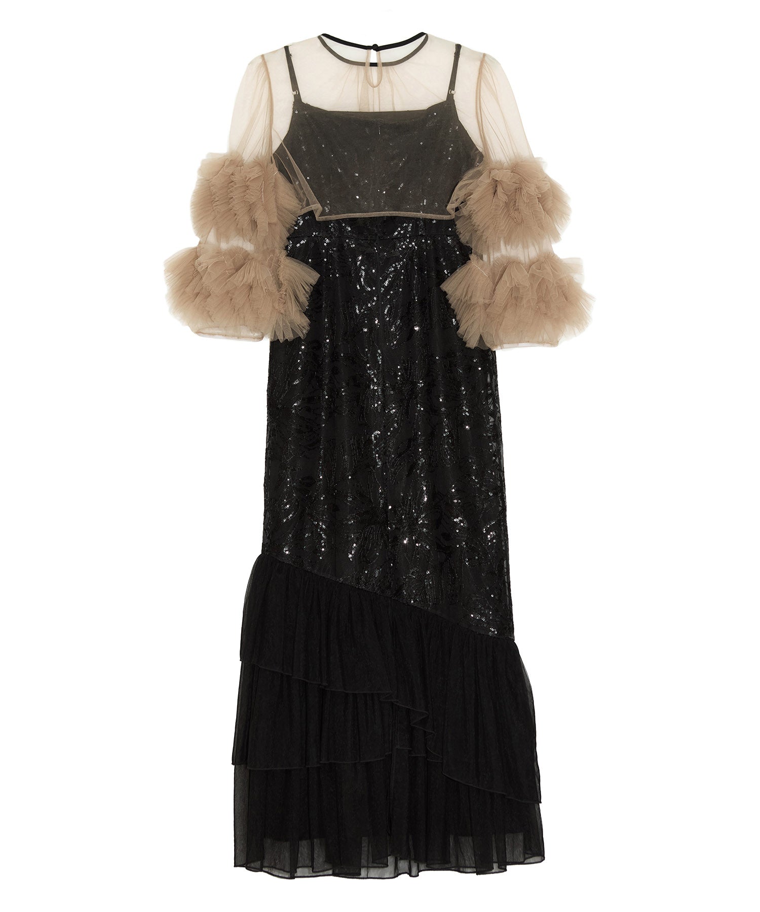 【一部当日発送】フラワースパンコールチュールフリルスリーブIラインワンピースドレス