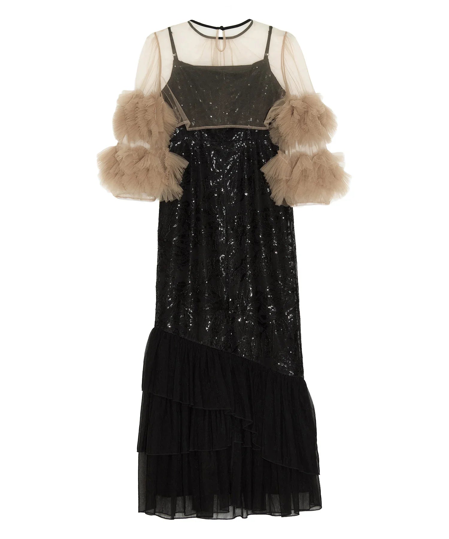 【一部当日発送】フラワースパンコールチュールフリルスリーブIラインワンピースドレス