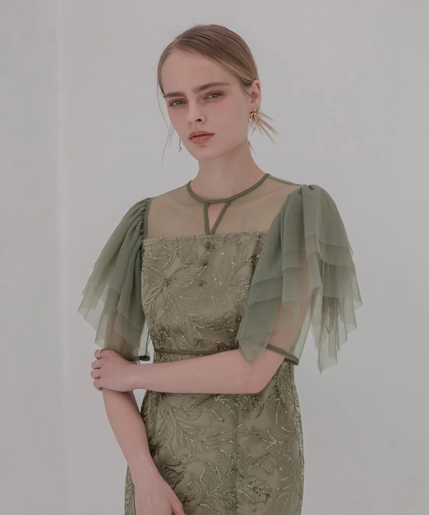 【当日発送】チュールスリーブボタニカルマーメイドワンピースドレス