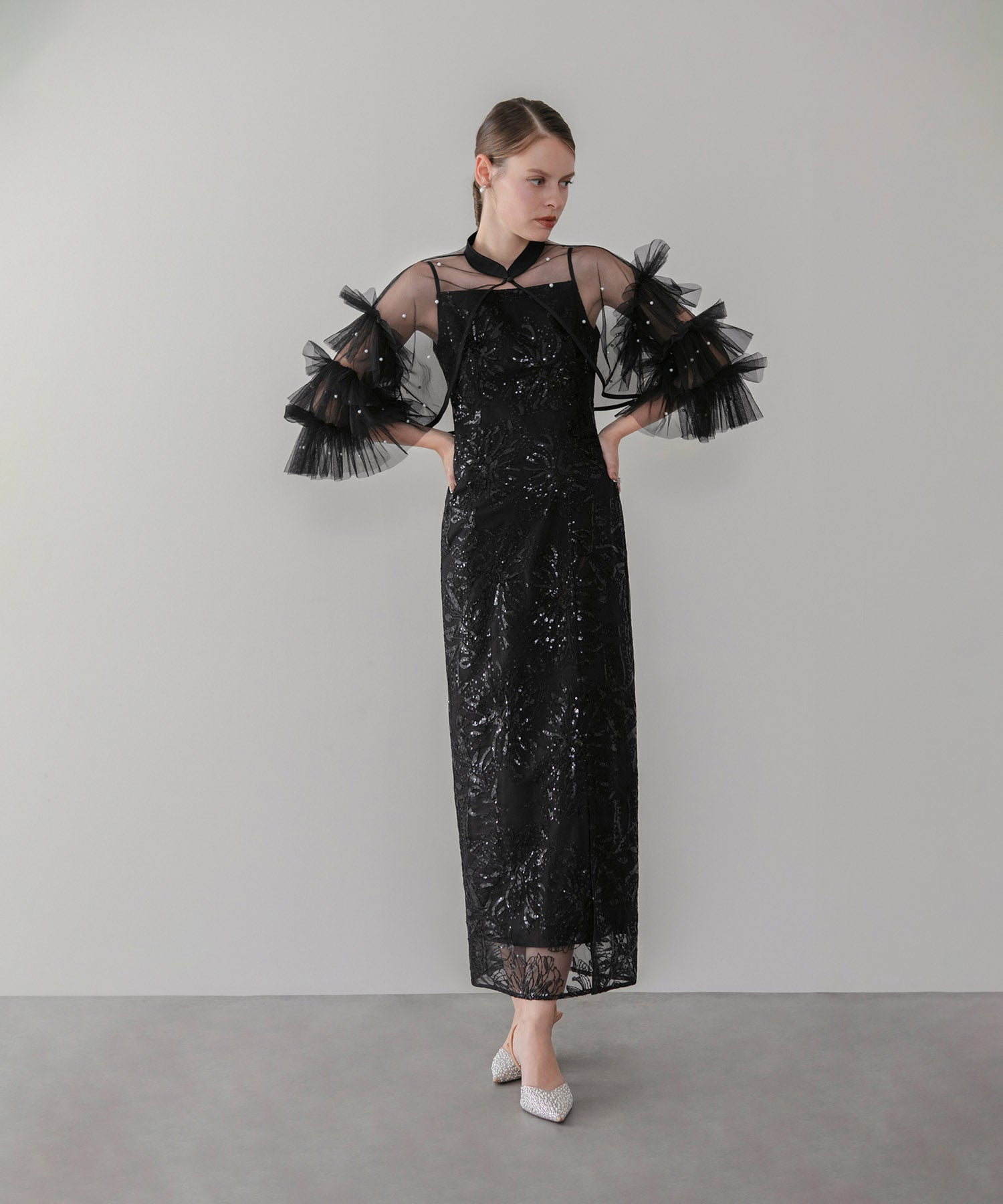 【一部当日発送】パールフリルチュールボレロレイヤードIラインワンピースドレス