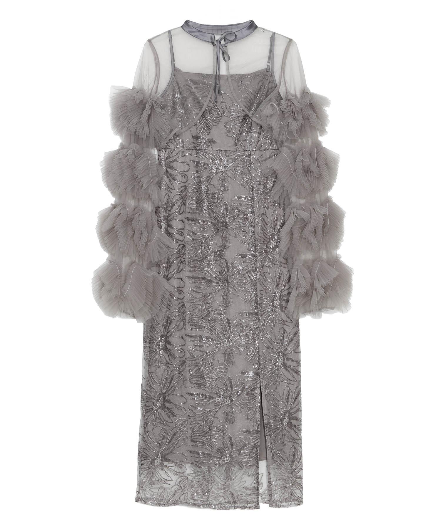 【当日発送】フリルチュールスリーブリボンIラインワンピースドレス