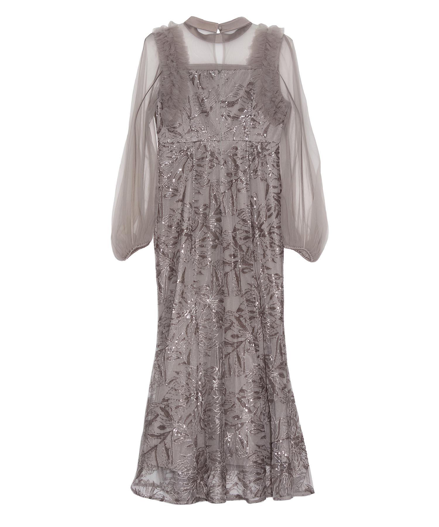 【当日発送】フラワースパンコールチュールフリルロングスリーブマーメイドワンピースドレス