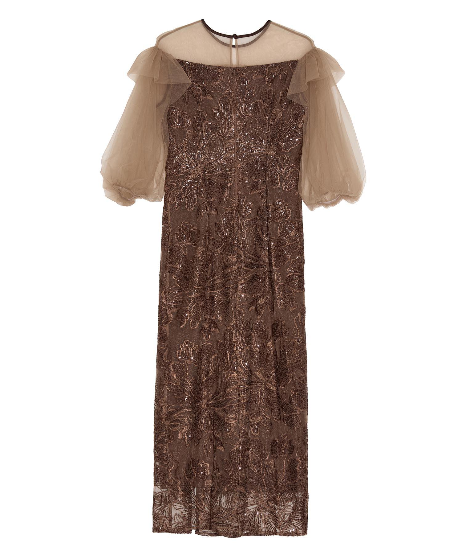 【一部当日発送】フラワースパンコールシアーフリルスリーブIラインワンピースドレス