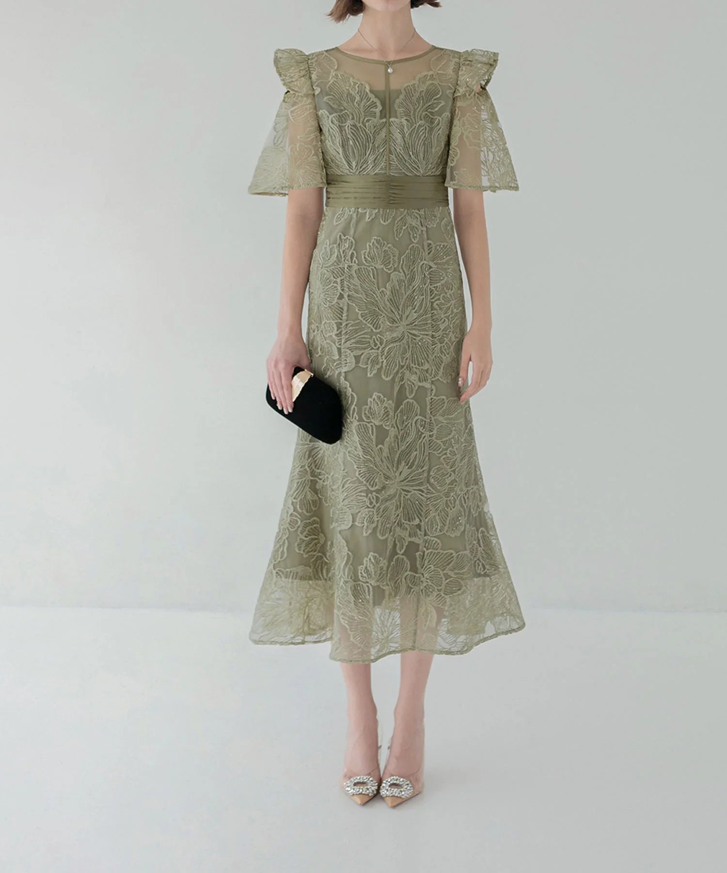 【当日発送】フラワーレースシアーフリルマーメイドワンピースドレス