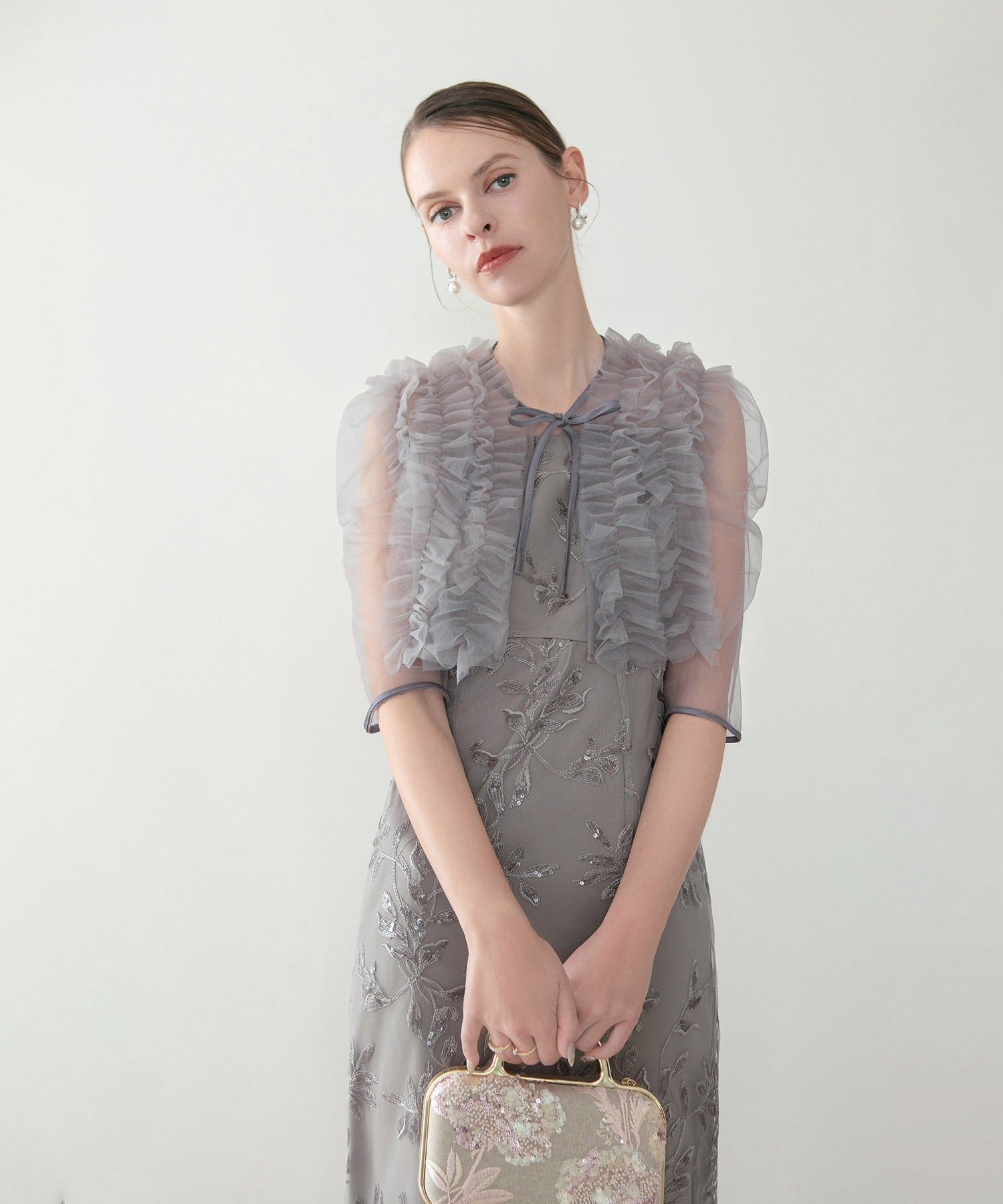 【当日発送】チュールフリルボレロフラワースパンコールIラインワンピースドレス