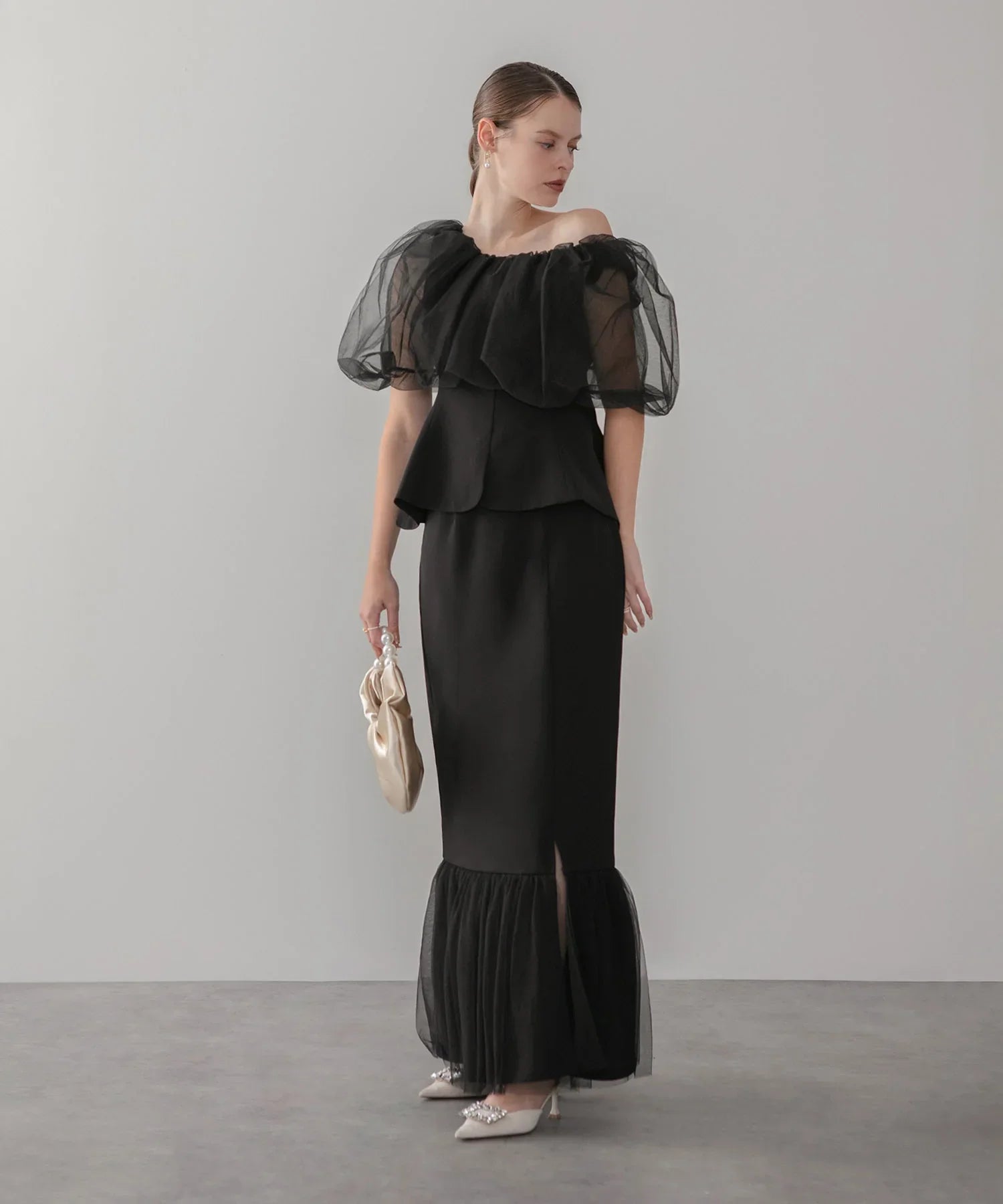 【当日発送】シアーチュールオフショルセットアップドレス