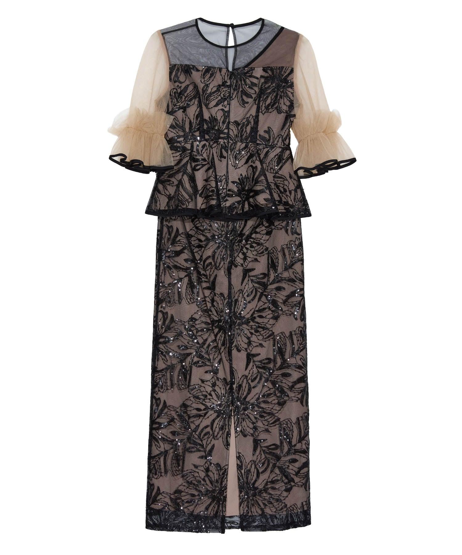 【SOLD OUT】アシンメトリーシアーフラワースパンコールフリルチュール セットアップドレス