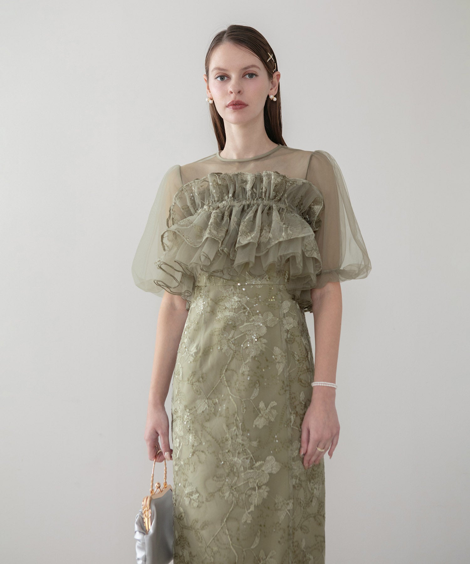 【一部当日発送】3WAYチュールラッフルフラワースパンコールIラインワンピースドレス