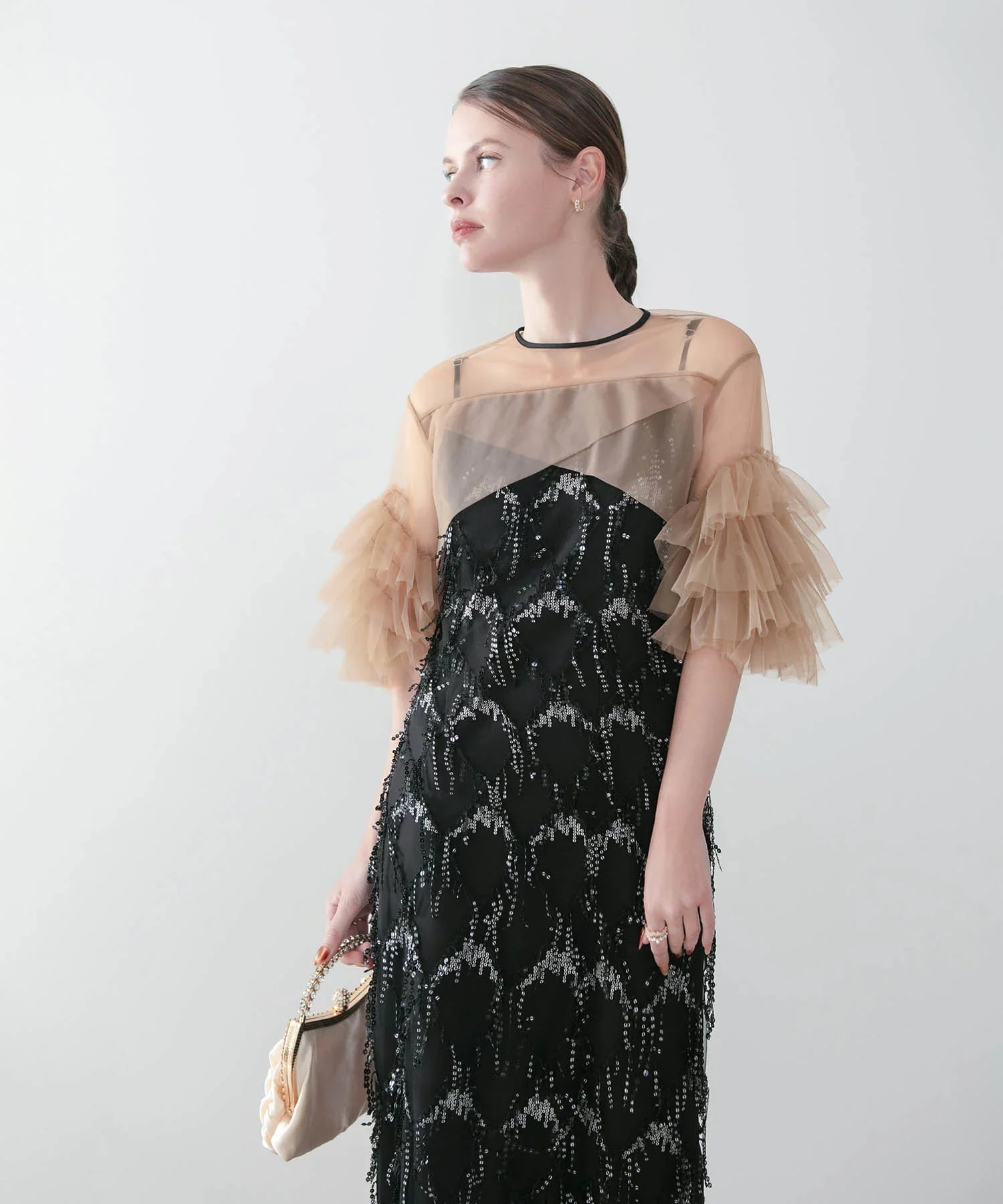 【当日発送】フリルチュールボレロフリンジスパンコールIラインワンピースドレス