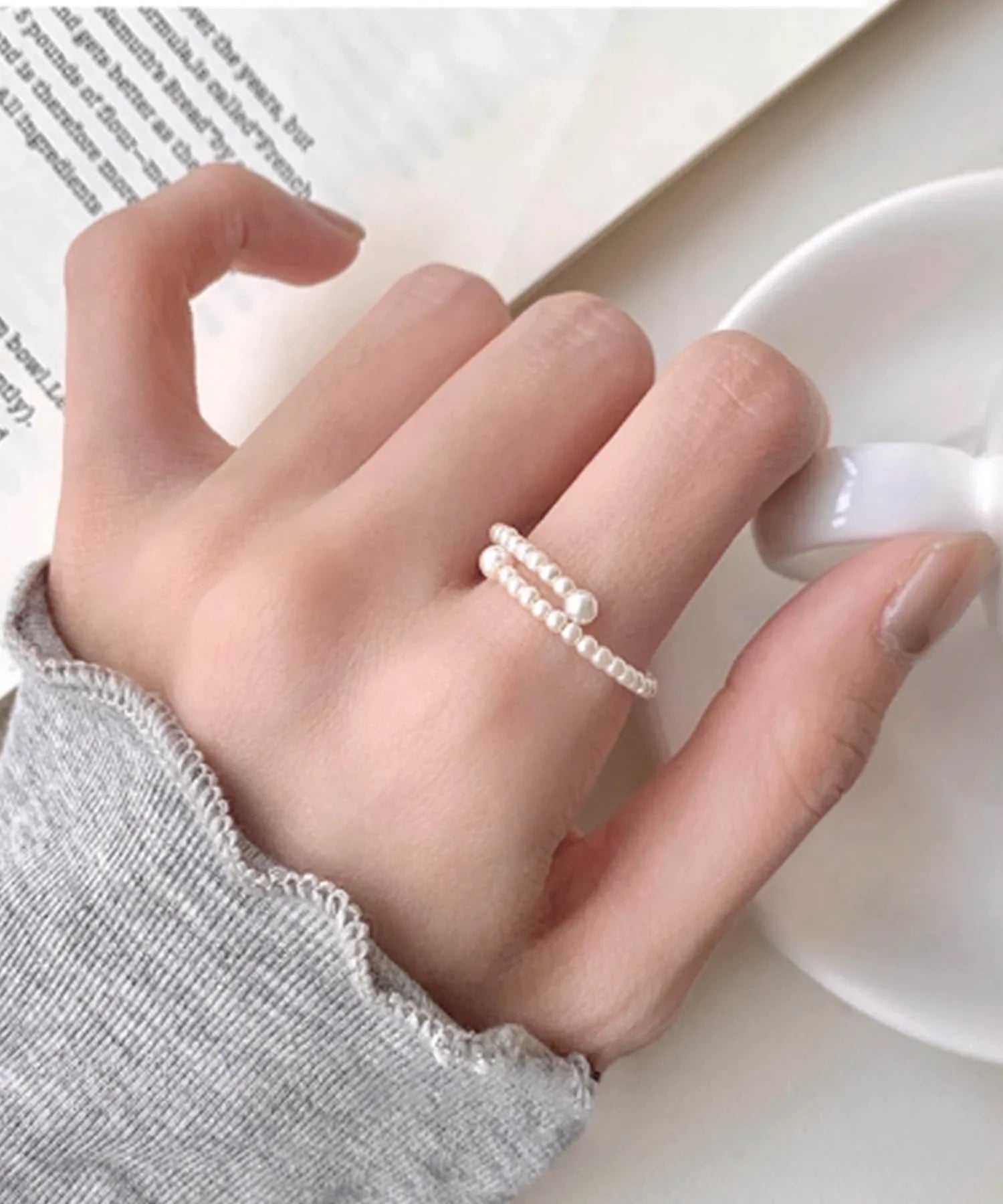 【当日発送】パールダブルラインデザインリング