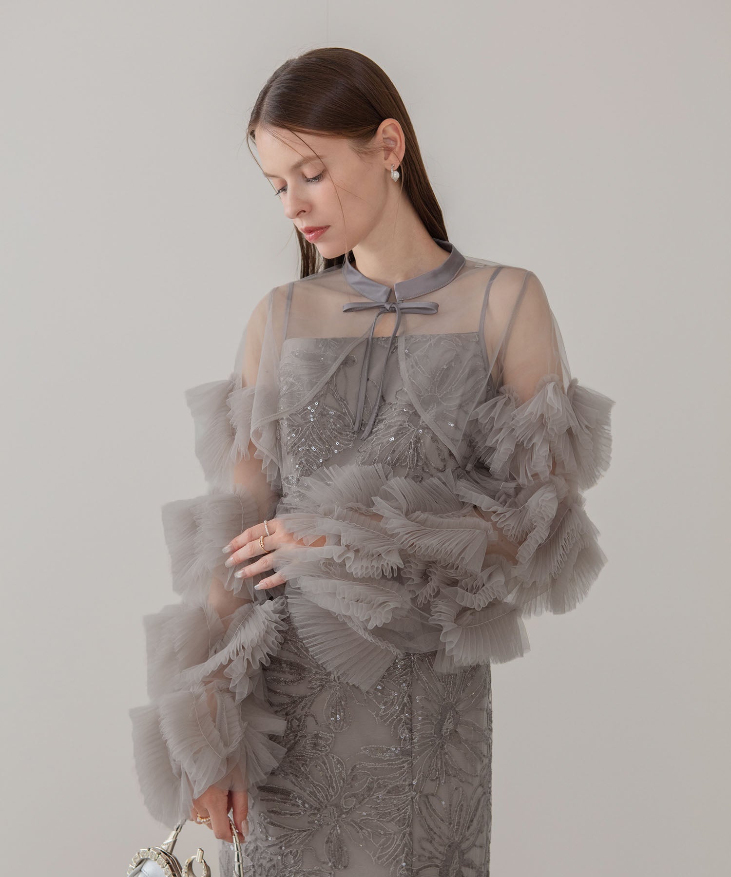 【一部当日発送】フリルチュールスリーブリボンIラインワンピースドレス