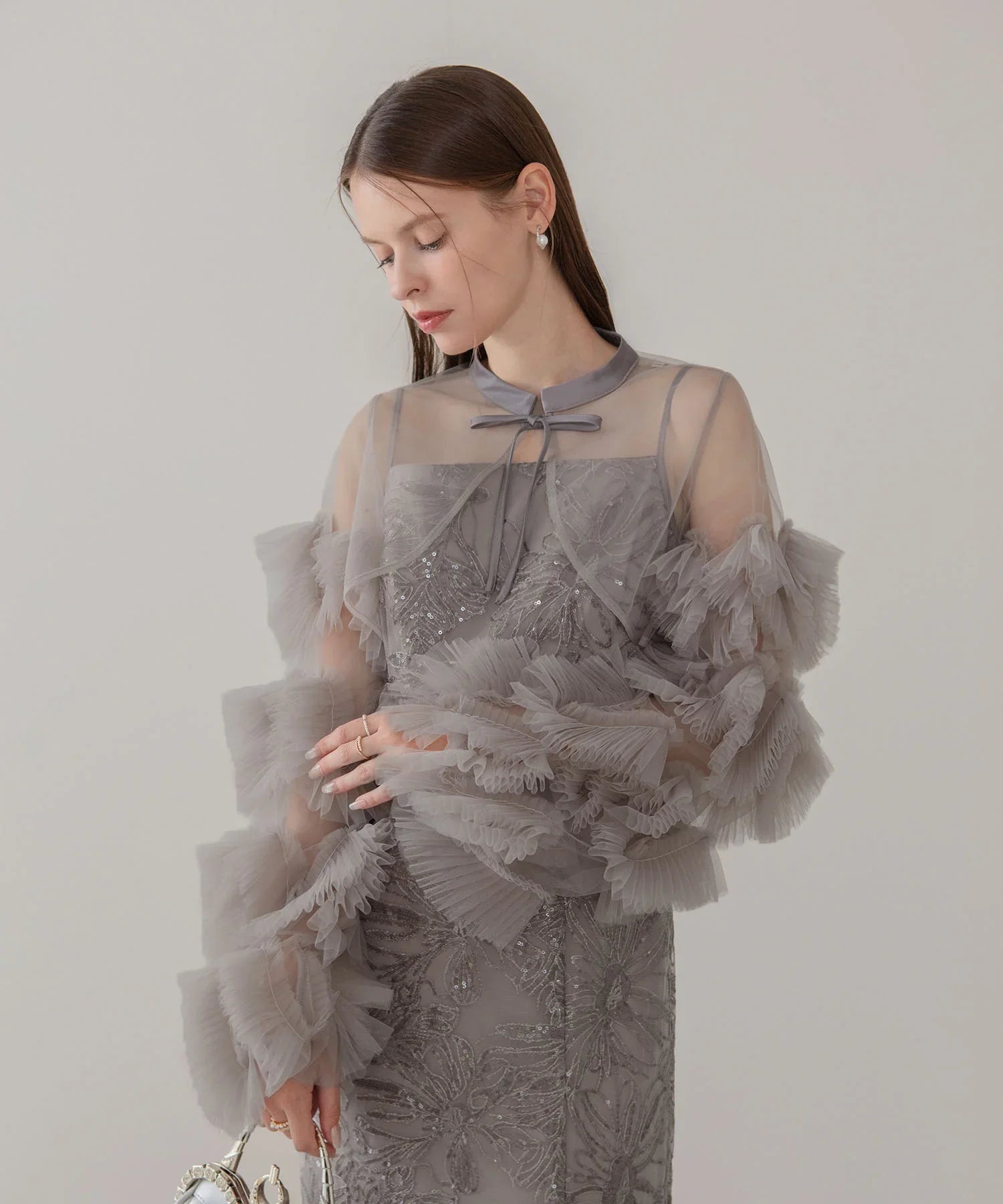 【一部当日発送】フリルチュールスリーブリボンIラインワンピースドレス