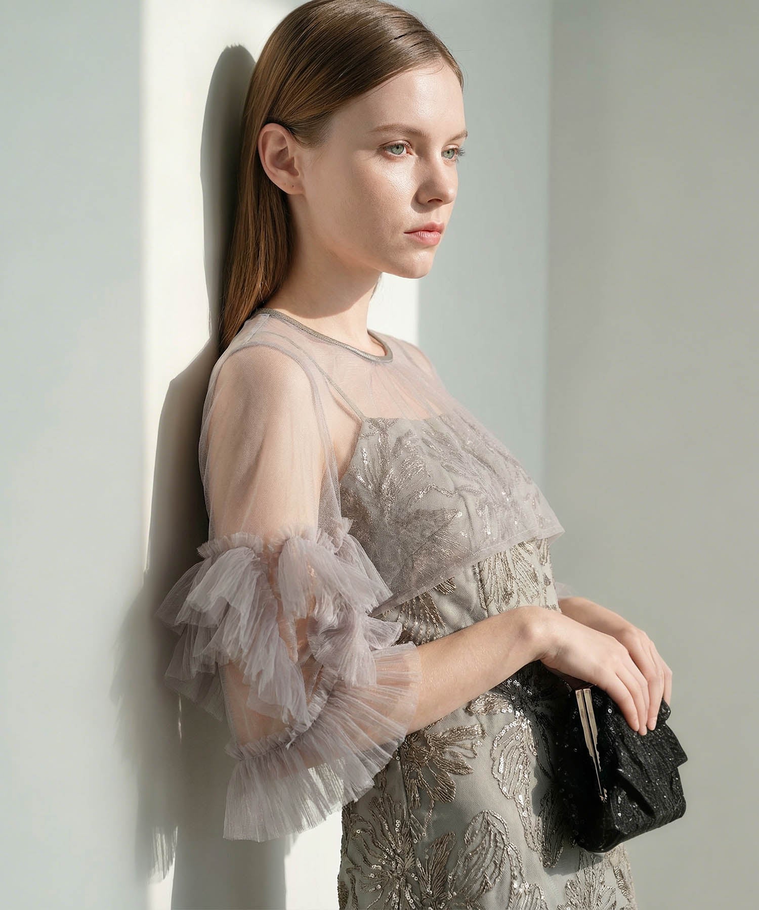 【予約販売】フラワースパンコールチュールフリルスリーブIラインワンピースドレス