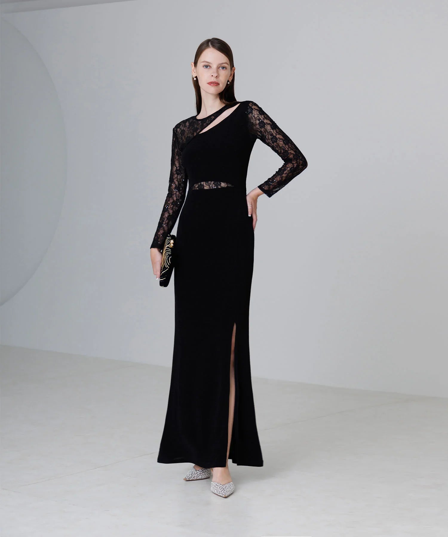 【LEJA LUXE】アシンメトリーレーススリムフィットIラインドレス