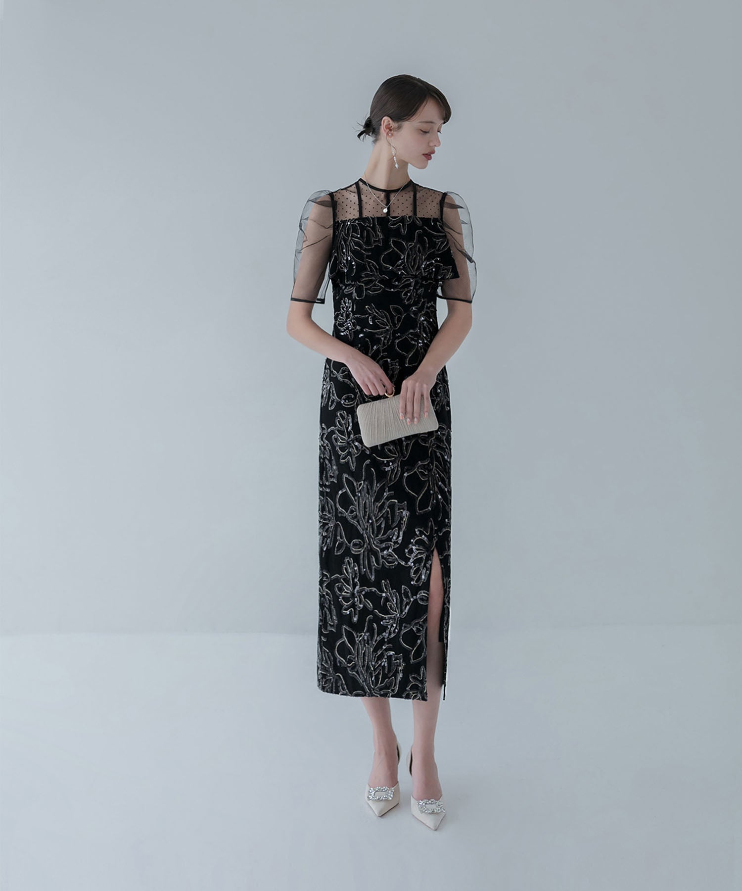 【当日発送】ドットチュールフラワースパンコールIラインワンピースドレス