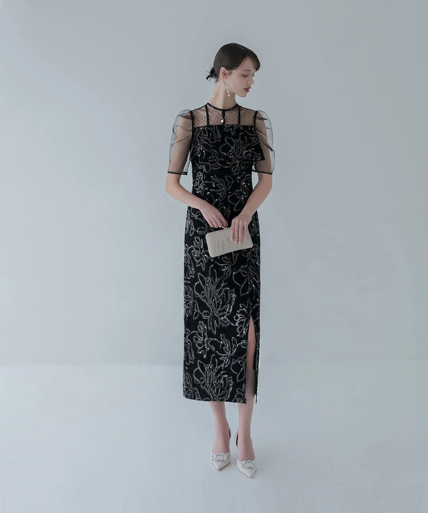 【当日発送】ドットチュールフラワースパンコールIラインワンピースドレス