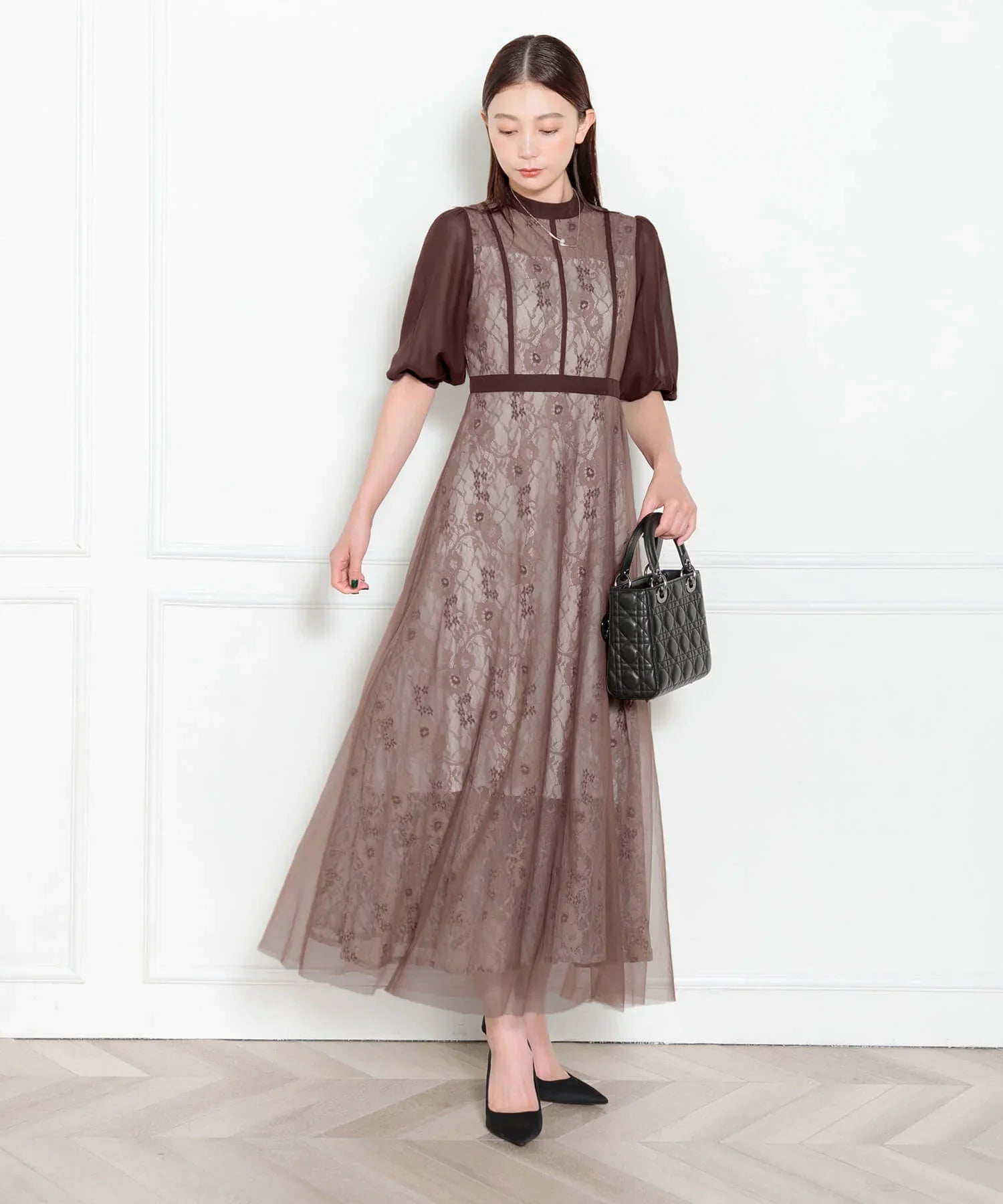 【當天出貨】高腰薄紗蕾絲A字連身裙