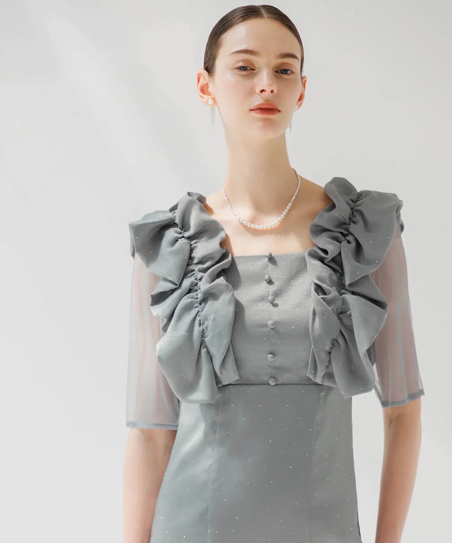 【当日発送】フリルショルダーストーンIラインワンピースドレス