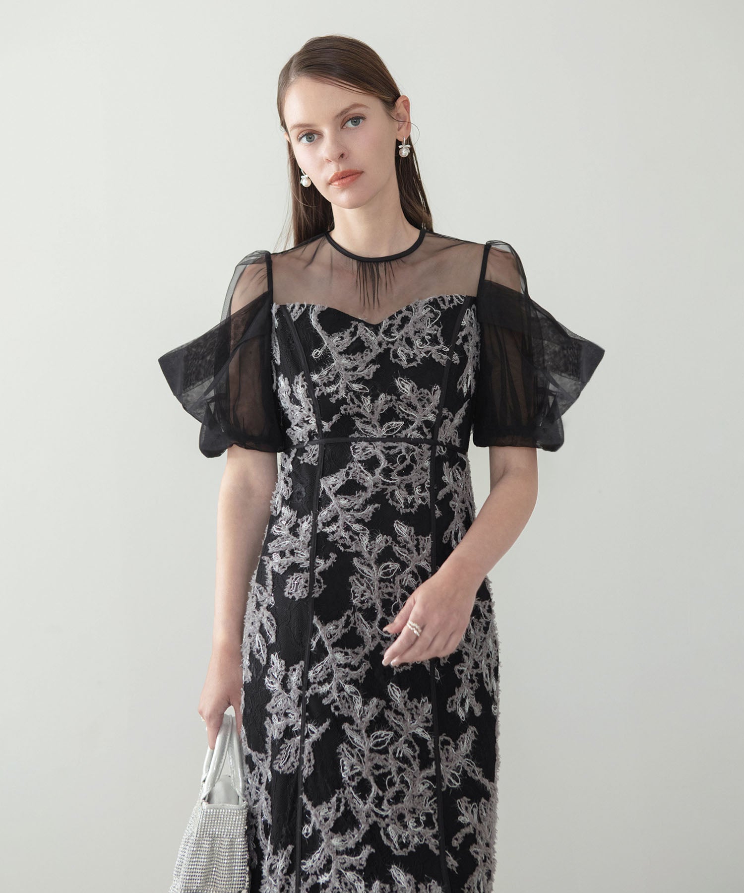 【当日発送】ラメシャギーフラワーシアースリーブIラインワンピースドレス