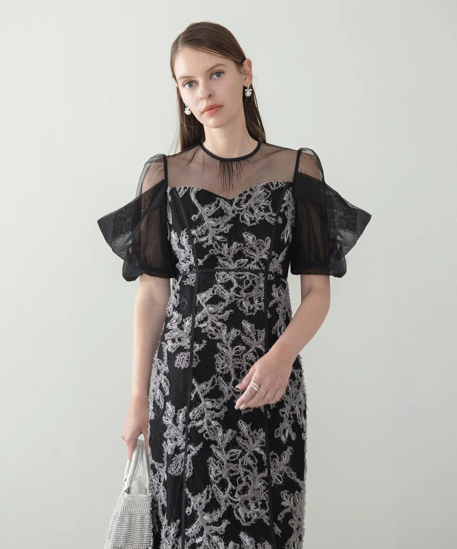 【当日発送】ラメシャギーフラワーシアースリーブIラインワンピースドレス