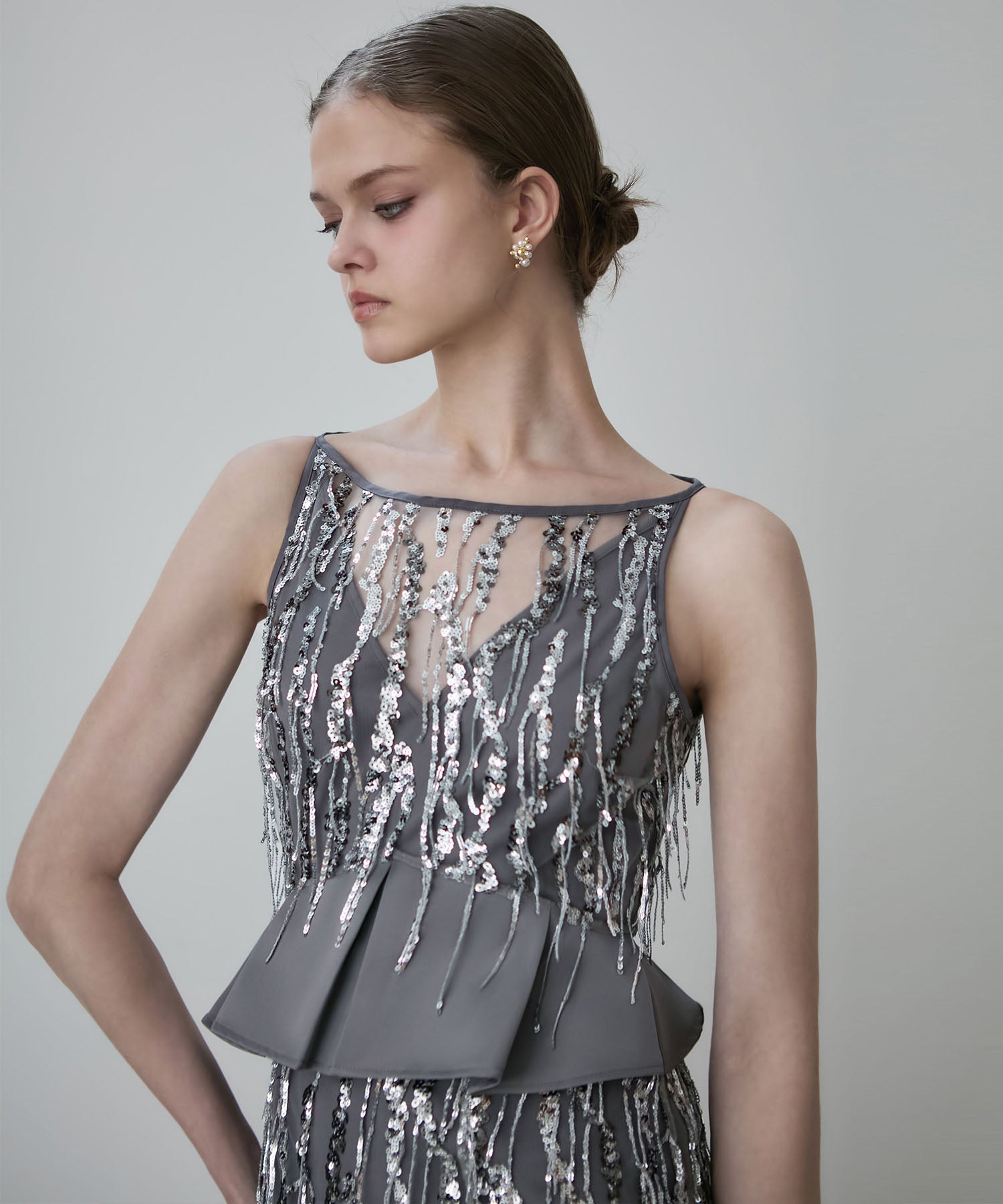 【LEJA LUXE】シルバーフリンジスパンコールペプラムマーメイドドレス