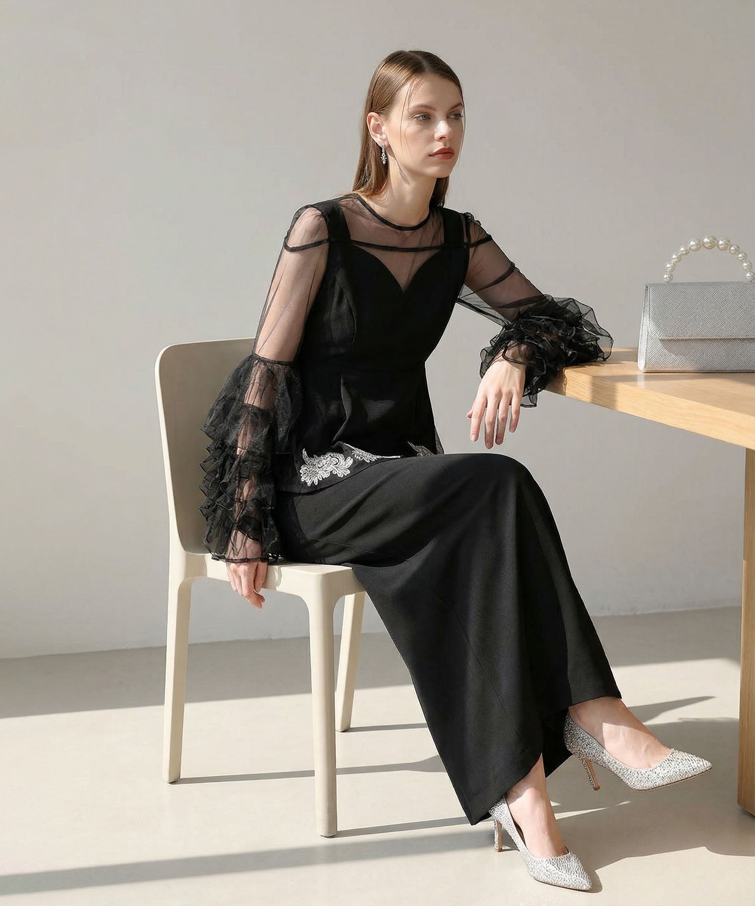 【当日発送】シアースリーブフリルペプラムタイトスカートセットアップドレス