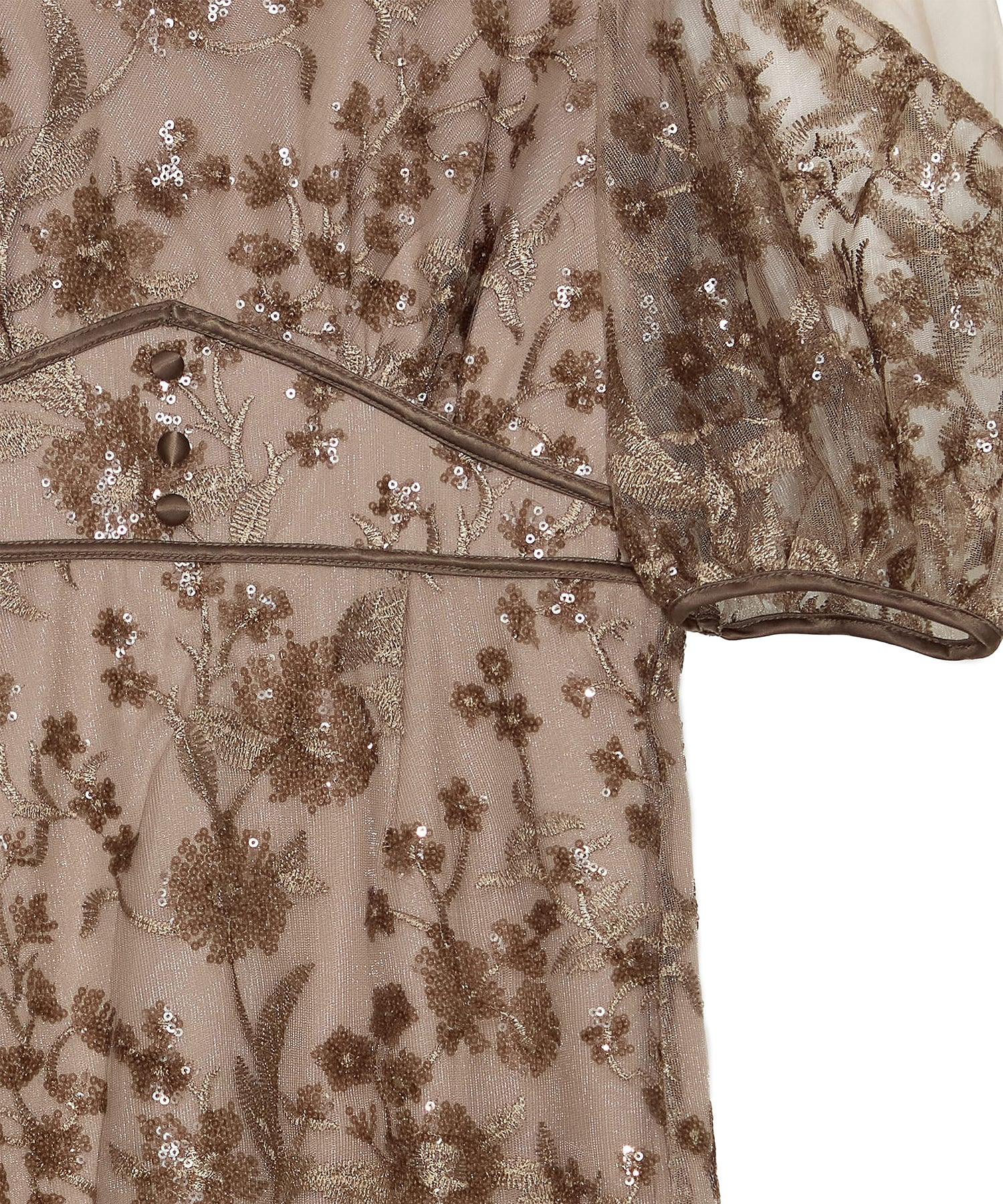 【当日発送】フラワーディテールパフスリーブIラインワンピースドレス